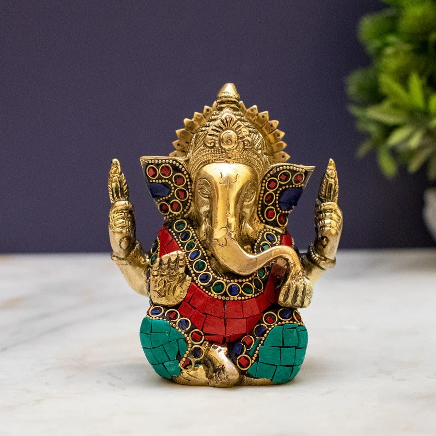 Brass Inlay Small Ganpati Ganesha Corporate Diwali Lucky Gift Décor Statue 4.5"