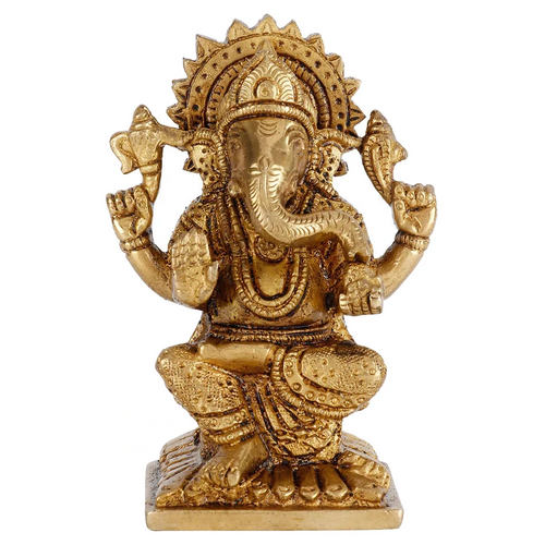 Brass Hindu God Ganpati Diwali Corporate Gift Idol Mini Ganesha Décor Statue 4"